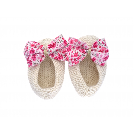 Chaussons ballerines écru nœud tissu liberty fleuri rose 