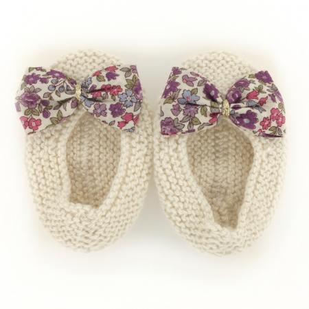 Chaussons ballerines écru nœud tissu liberty fleuri mauve