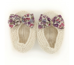 Chaussons ballerines écru nœud tissu liberty fleuri mauve