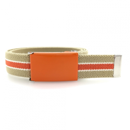 Beige belt, orange buckle with white and orange stripes