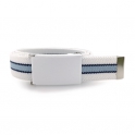 White belt, white buckle with navy-blue and pastel blue stripes