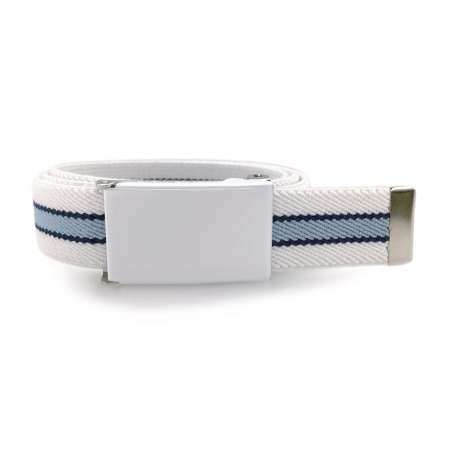 White belt, white buckle with navy-blue and pastel blue stripes