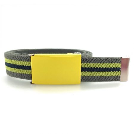 Grey belt, yellow buckle with black and yellow stripes