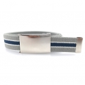 Grey belt, metal buckle with navy-blue and white stripes
