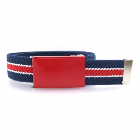 Navy-blue belt, red buckle with white and red stripes